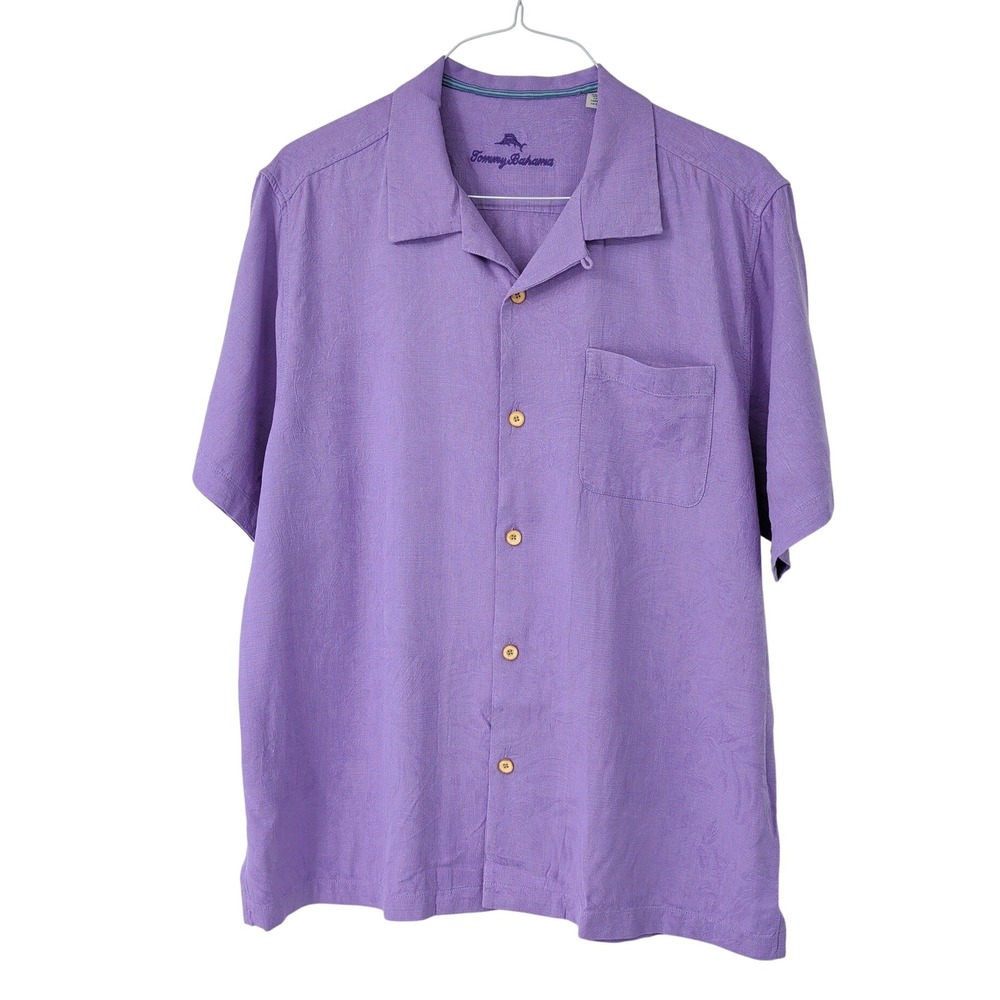 Tommy Bahama Mens XL Purple 100% Silk Jacquard Camp Shirt Short Sleeve Tropical